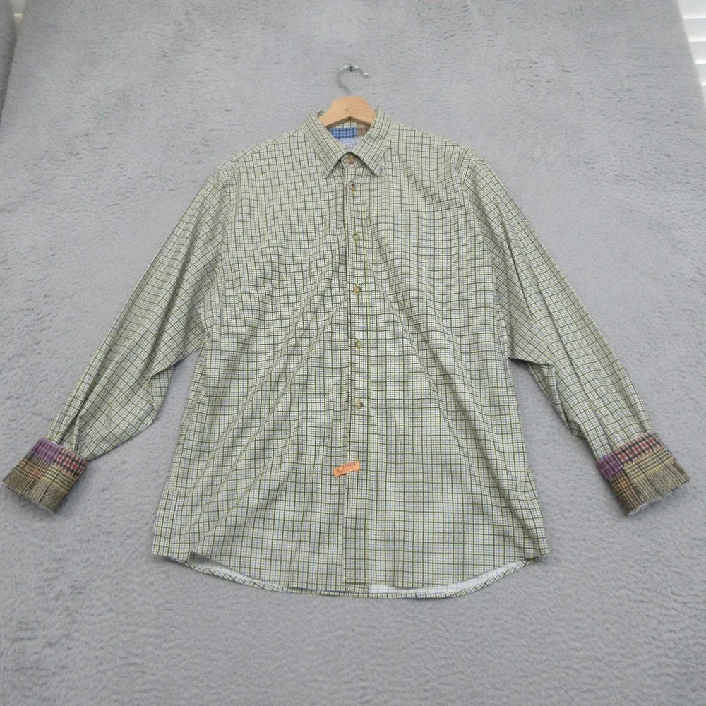Vintage Alexander Julian Check Shirt Men L Green Plaid Flip Cuff Y2K Cotton 2002